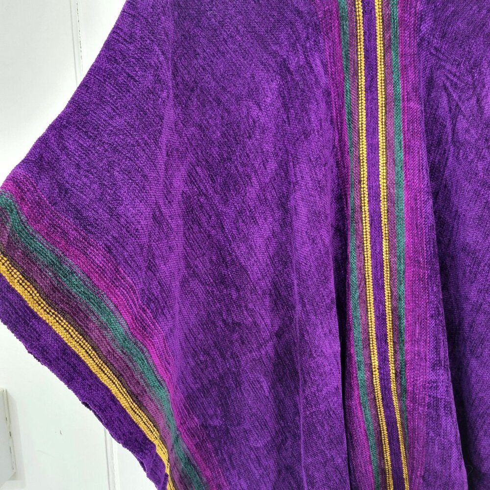 Handwoven Artisan Purple Chenille Poncho With Fringe Trim & Multicolor Stripes - Picture 4 of 8